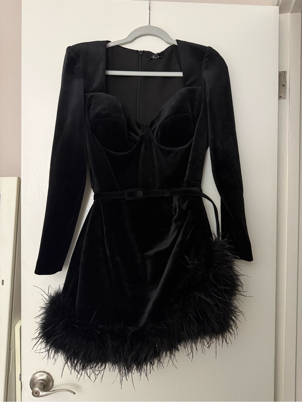 Miley Black Velvet Feather-Hem Mini Dress